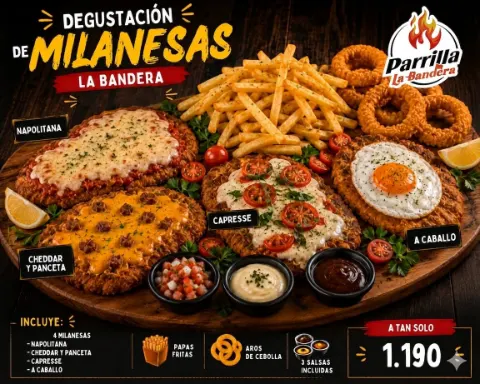 Placa de la Degustación de milanesas: napolitana, cheddar y panceta, capresse y a caballo, 1.190 pesos